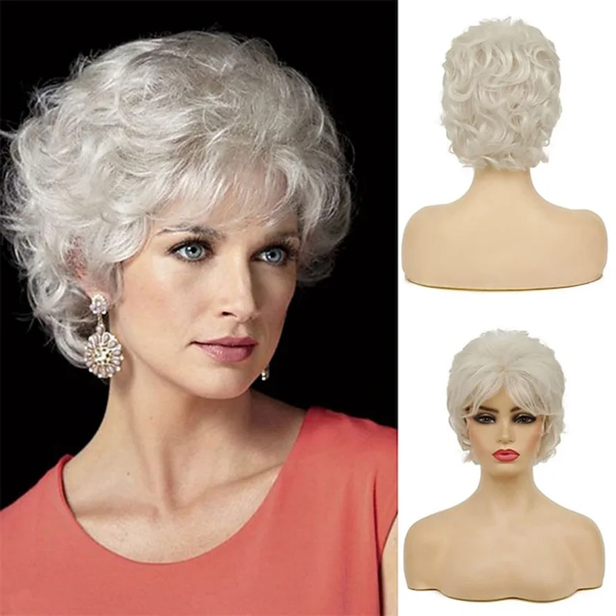 Short Curly White Costume Wigs for Women Layered Natural Fluffy Heat Resistant Synthetic Hair Wig