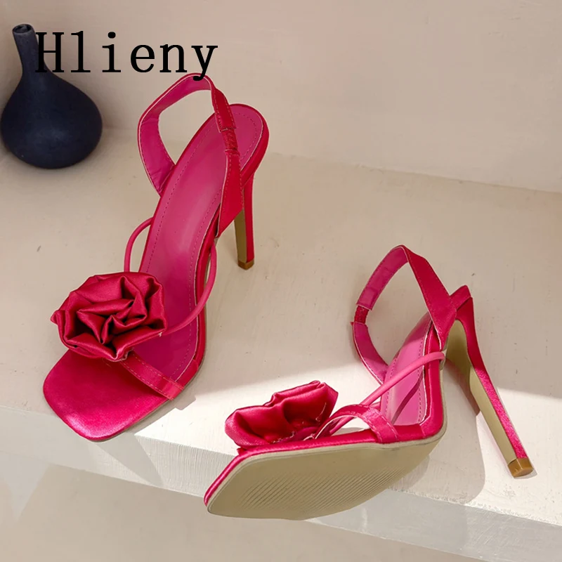 Hlieny Summer Sexy Silk Flower Back Strap Sandals Woman Fashion Square Toe Stiletto High Heels Banquet Wedding Party Pumps Shoes