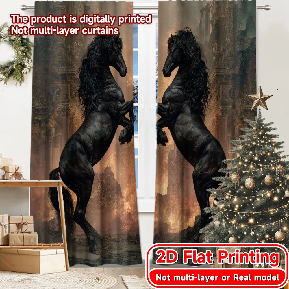 2D Flat Printing,2pcs Mirrored Stallions Creative Chic Curtains Polyester Easy Install Curtains Decorations Inside for