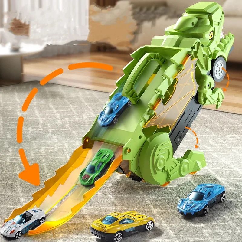 Tyrannosaurus Truck Toys Dinosaur Swallowing Track Deformation Storage Car with Alloy Racing Car Foldable Transport Car Toy Gift