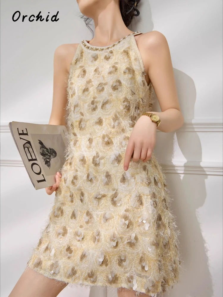 

Women Luxury Elegant Sleeveless Round Neck Sequins Dresses 2025 Summer Lady Fairy Tassels Pearls Decoration Camisole Dress
