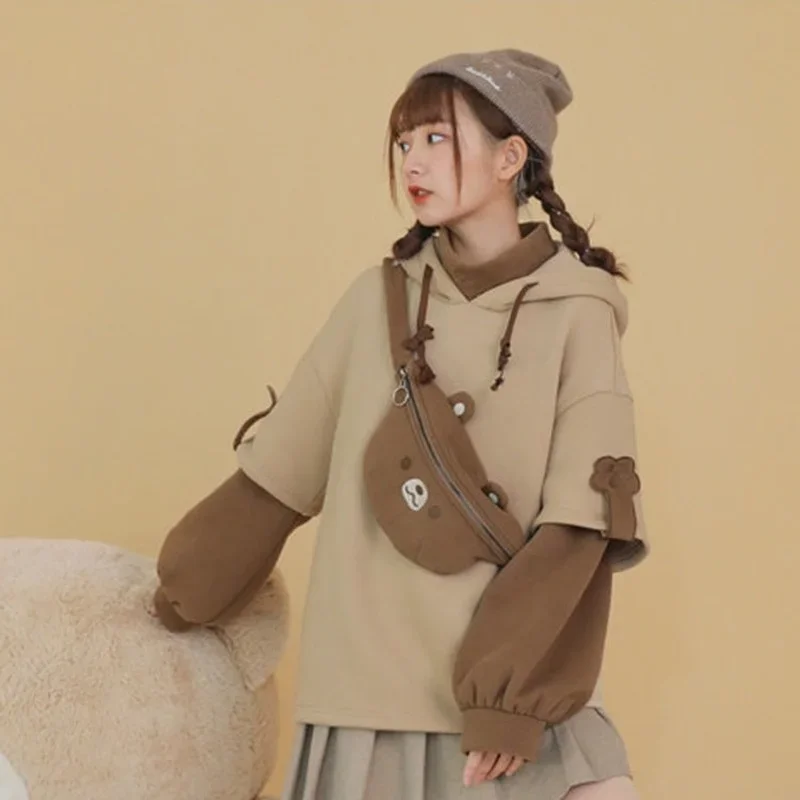 Women Korean Kawaii Crewneck Long Sleeve Oversized Hoodies Harajuku Aesthetic Bear Anime Streetwear Fall Winter Pullovers Tops