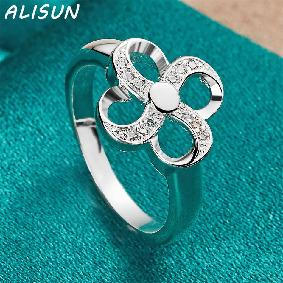 ALISUN 925 Perak Murni Ukuran 7-10 Zirkon Cincin Rumput Empat Daun untuk Wanita Perhiasan Anggun Hadiah Pesta Ulang Tahun Modis Tren