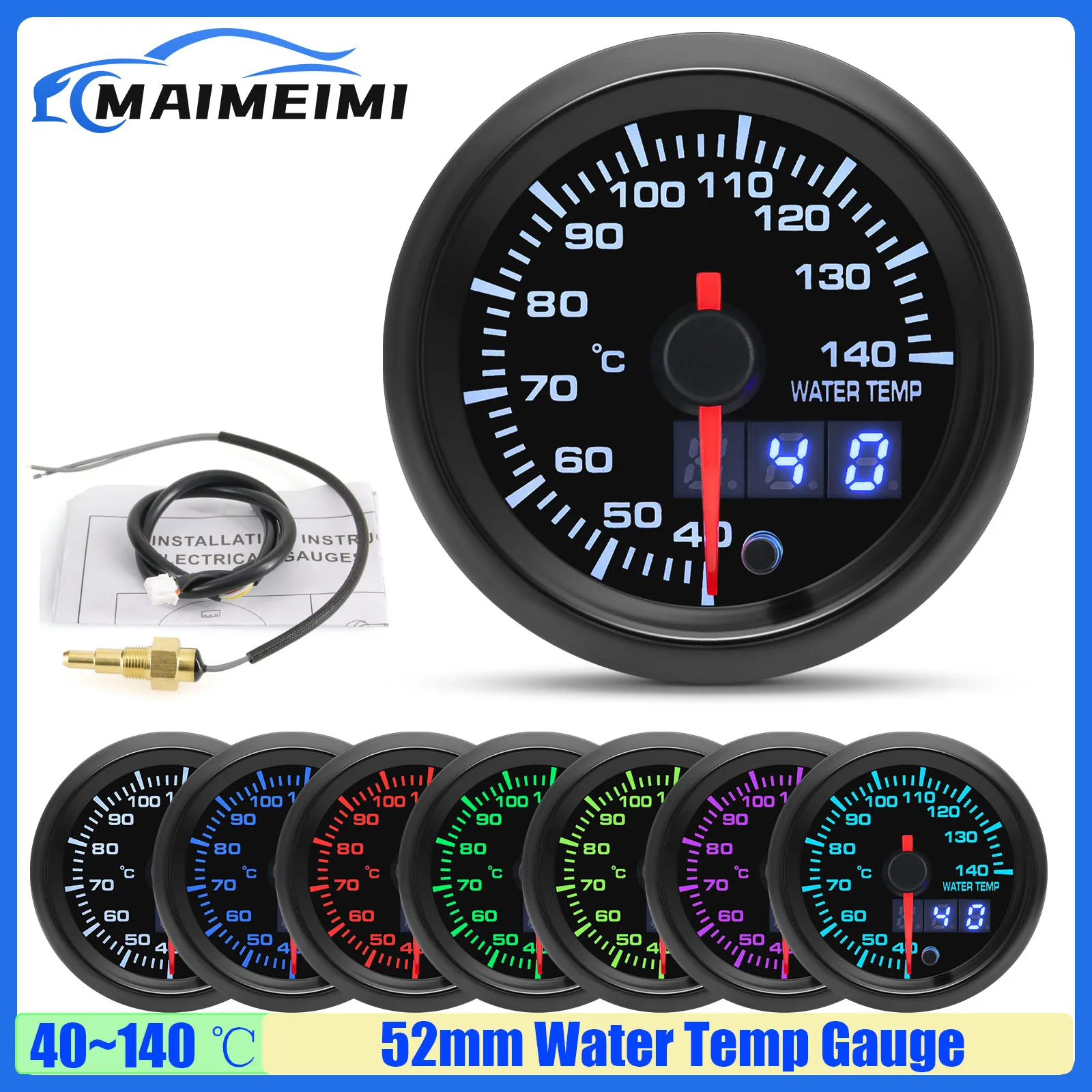 MAIMEIMI 52mm Water Temperature Gauge with Sensor 1/8NPT 7 Color LED 40-140℃ Water Temp Meter Indicator for Petrol Car 12V