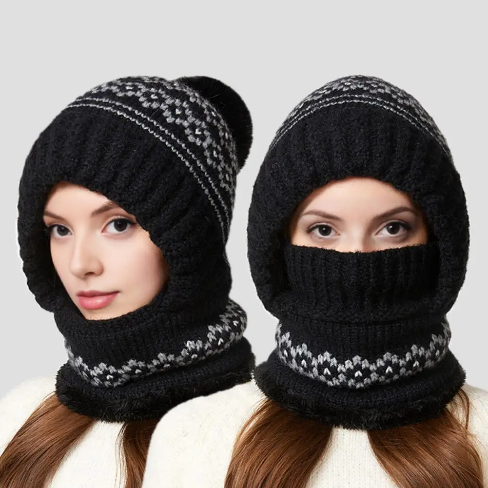 

Knitted Hat Three-in-One Scarf Hooded Design Headgear Patchwork Color Fleece Lining Windproof Winter Headwear