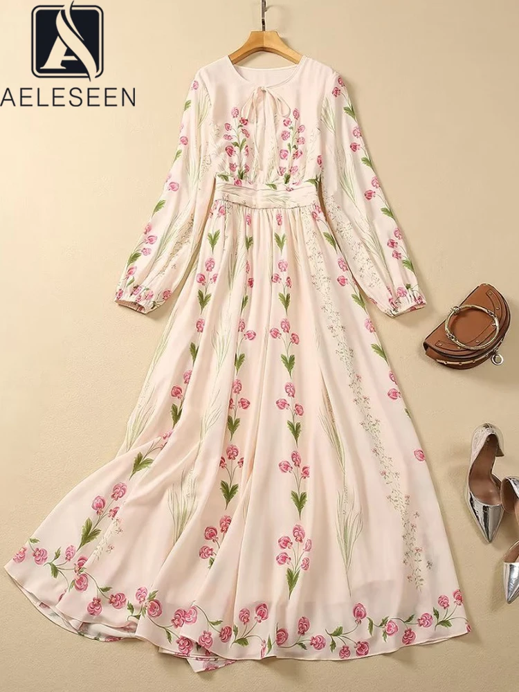 

AELESEEN Autumn Long Dress Designer New Fashion Lantern Sleeve Pink Flower Print Bow Draped Eleagnt Party Holiday