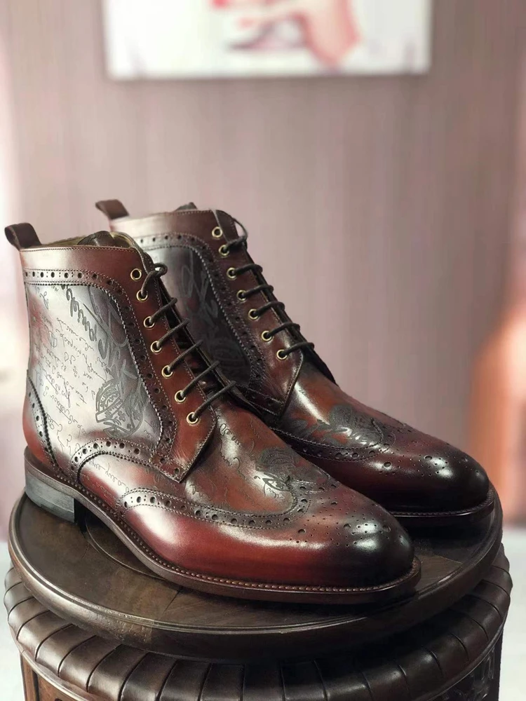 cie Laser Design Boot Hand-Painted Full Grain Calf Leather Patina Redish-Brown Handmade Leather Out-sole Ankle Boots MA10