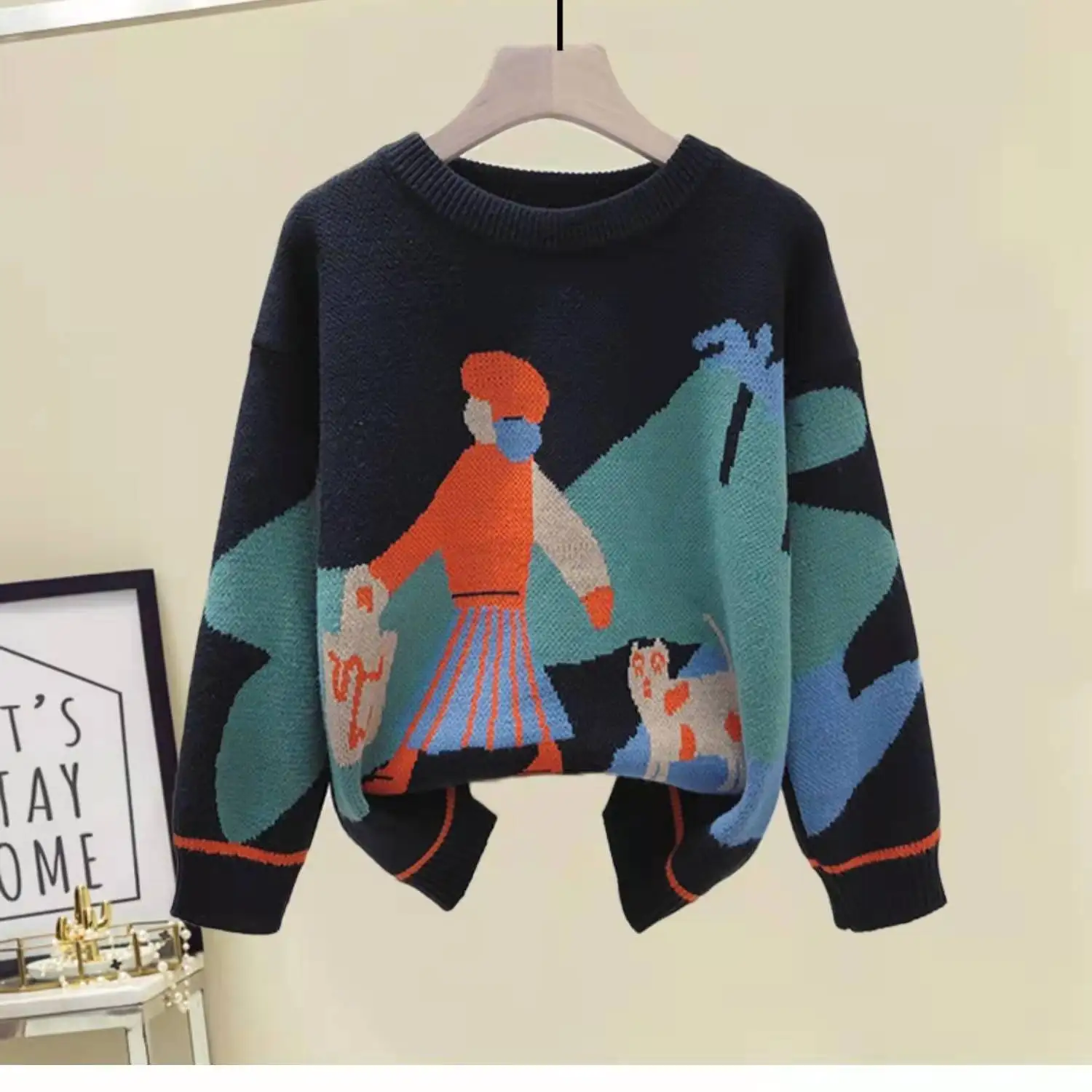 Women\'s Clothing 2023 New Sweet Cartoon Sweaters Printed Autumn Winter All-match Fashion Round Neck Korean Loose Knitted Jumpers