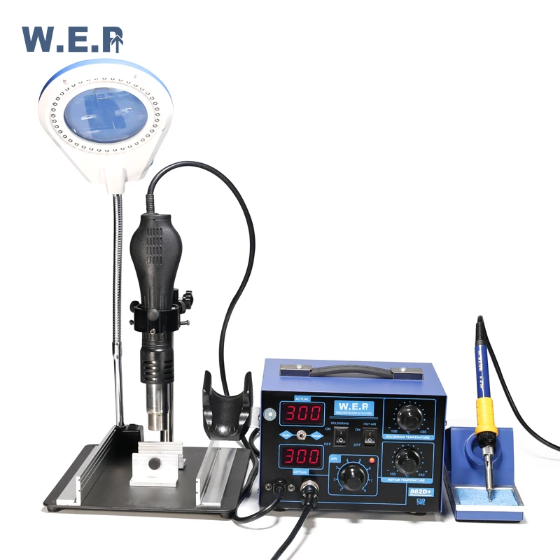 HotWEP862D+ 2 In1 Hot air Heat Gun Soldering Iron SMD Rework Station With air Gun Bracket and Magnifier Lamp