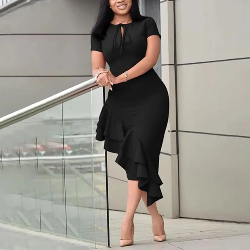 

Plus Size Womens Solid Sexy Ruffle Asymmetrical Hem Bodycon Midi Dress Summer Ladies Slim Fit Short Sleeve Sundress Size 1XL-5XL