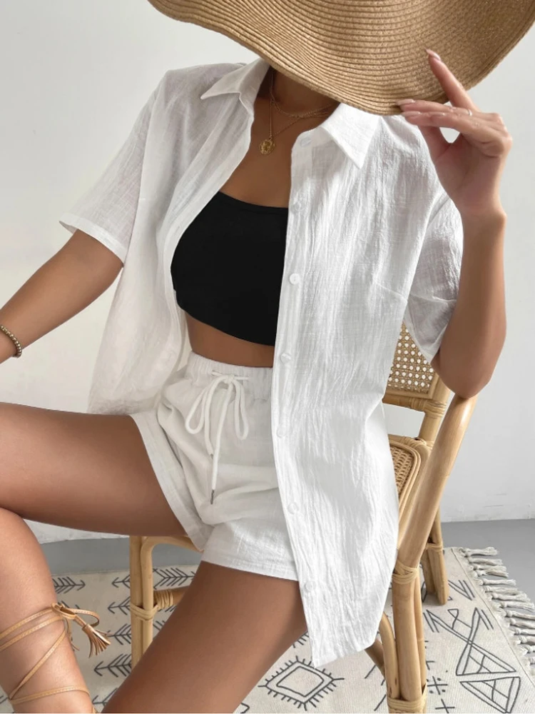 Cotton Linen Women's Pajamas Set Elastic Waist Drawstring Shorts Sets 2023 Summer Casual Fashion 2 Piece Home Suit Sleepwear