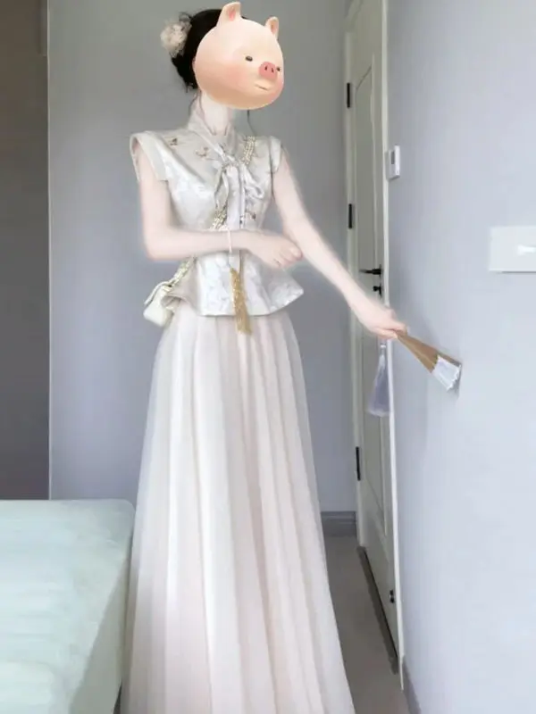 

New Chinese Style National Trend Set High Sensation Sleeveless Top Lace Half Skirt Two Piece Set Summer New Arrival Women's F...