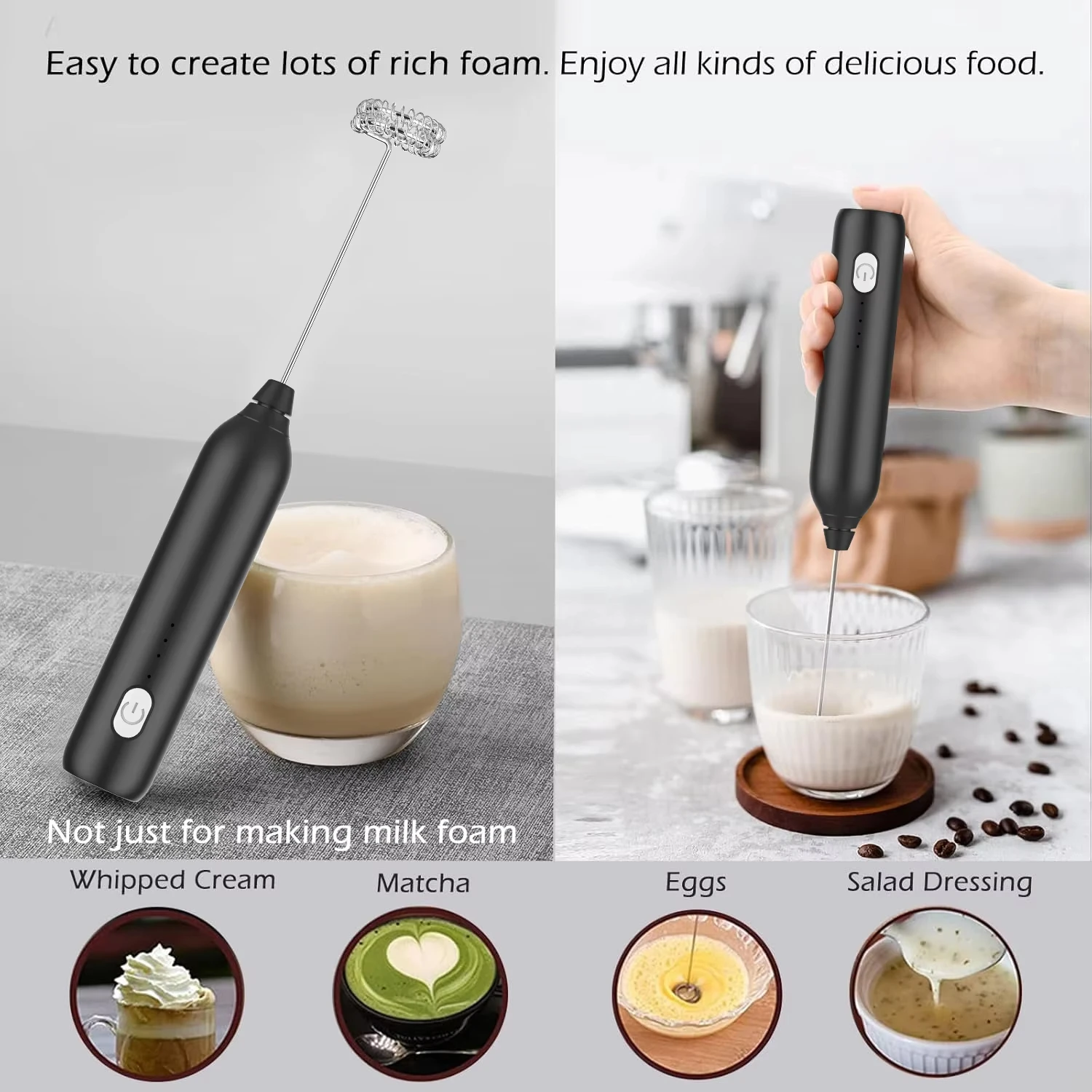 Wireless electric milk coffee mixer, rechargeable foam maker, 3-speed egg beater, used to make hot chocolate foam lattes
