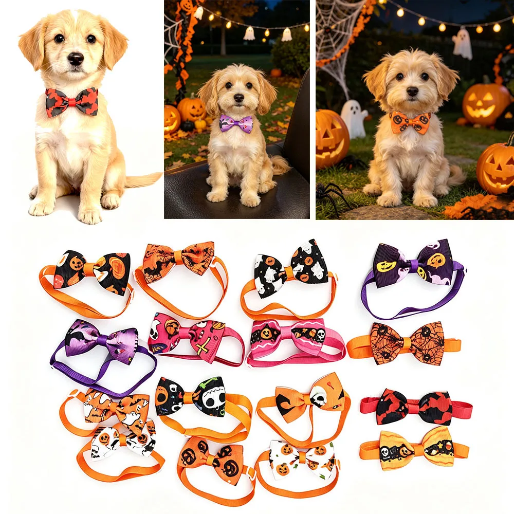 5 PCS Color in Random Halloween Dog Bow Ties Pumpkin Bat Witch Ghost Adjustable Collar Pet Accessories for Cat Halloween Holida