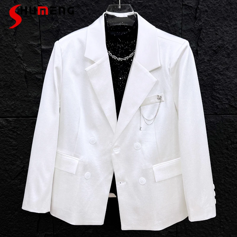 

2025 Autumn New High-End Stylish Men's Suit Jackets Fashion Metal Chain Loose Trendy Tailored Coats Chic Double-Breasted Blazers