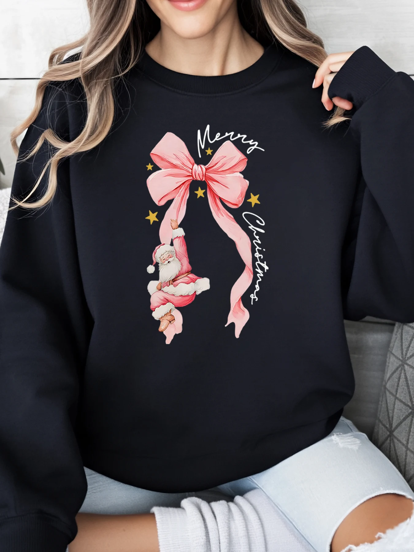 

Santa Claus Pink Bow Merry Christmas Print Sweatshirt Women Holiday Casual Wear Black Plus-Size