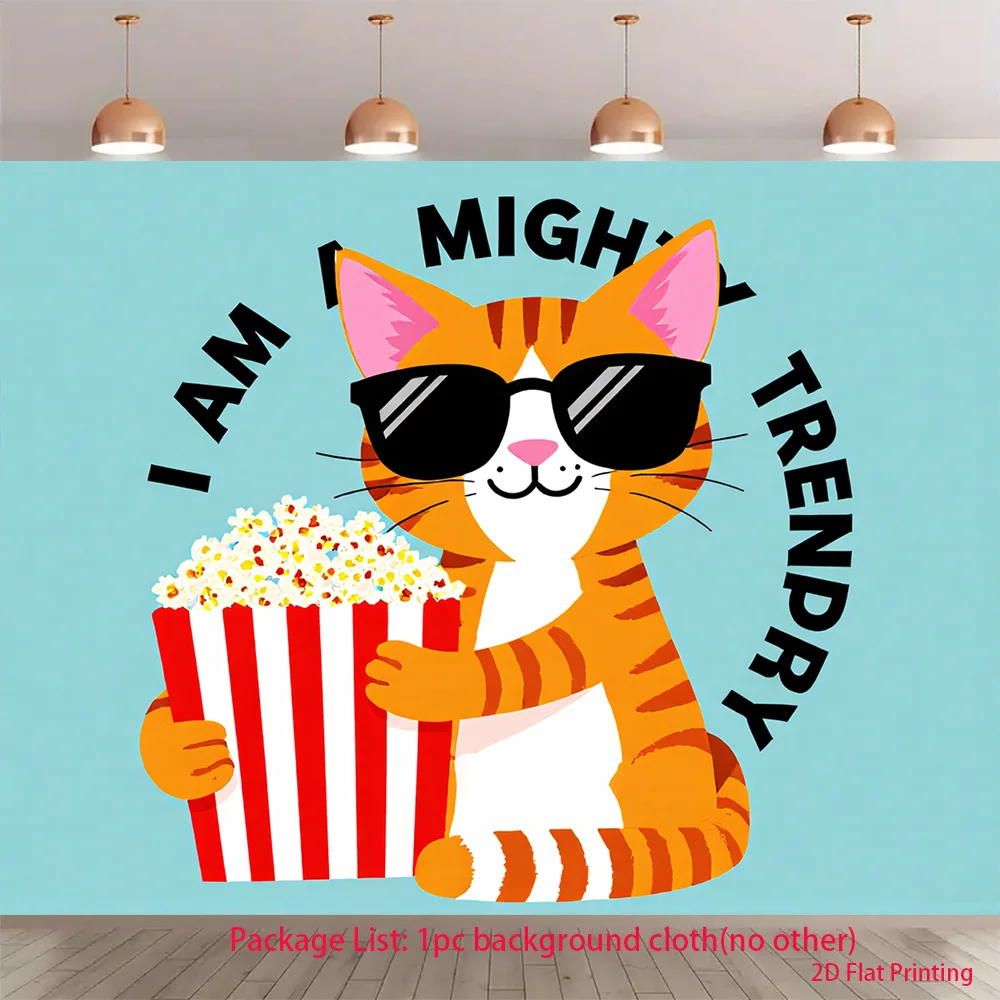 Cool Cat Tapestry, Funny Sunglasses Kitten Wall Hanging, Popcorn Movie Night Decor, Trendy Teen Bedroom Background, Pet Art