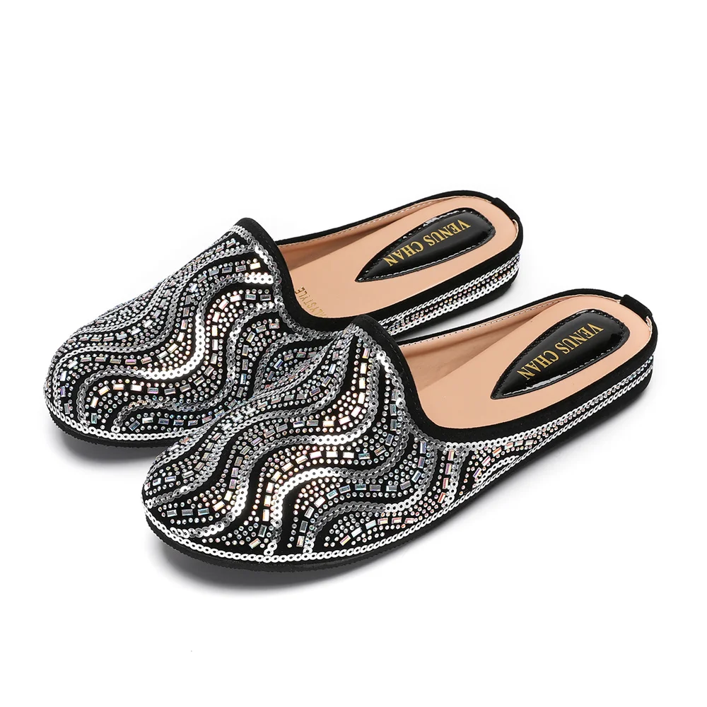 2025 Fashionable Italian Water Ripple Design Sequin Soft Breathable Elegant Prom Party Ladies Comfortable Flats