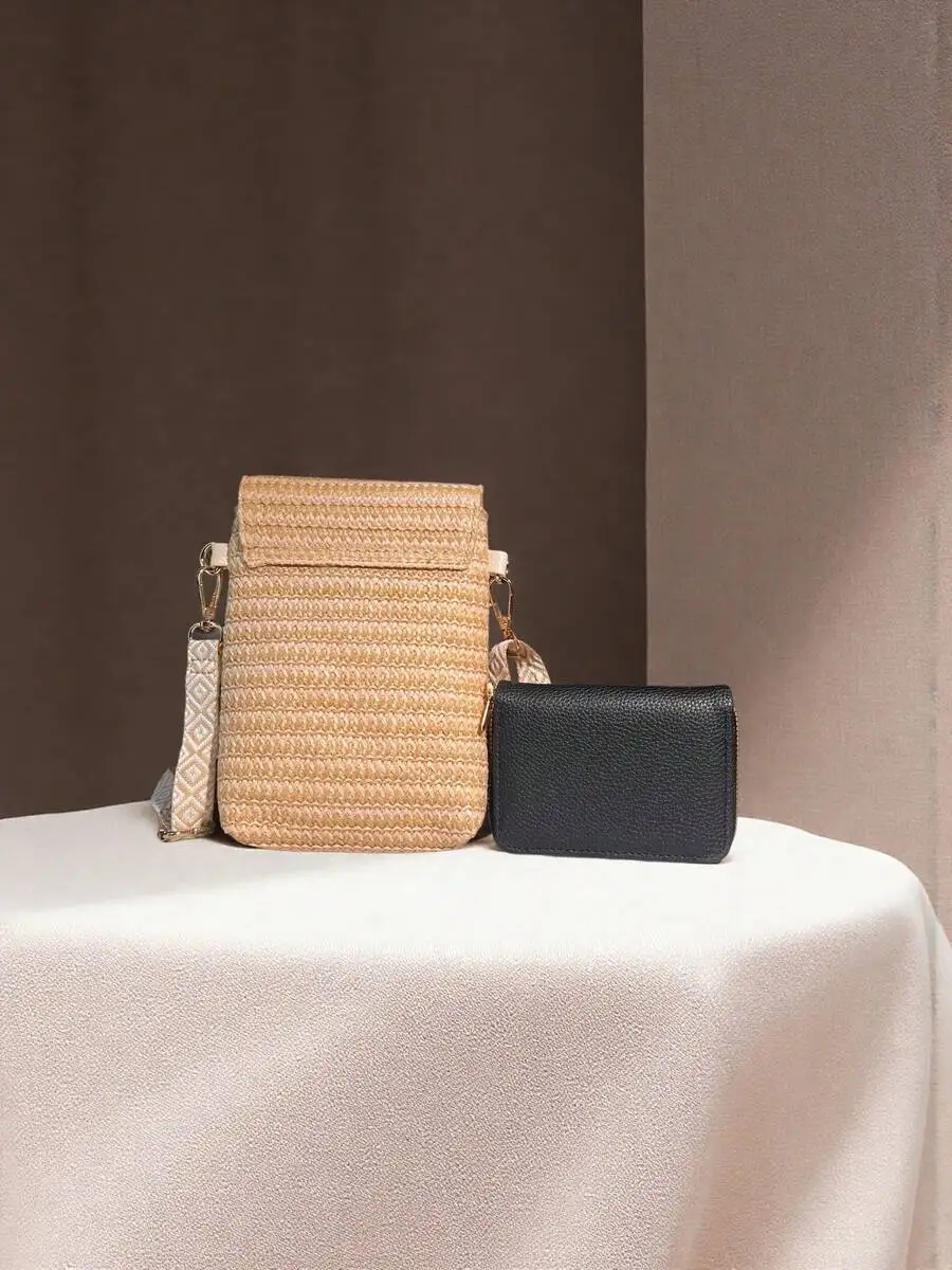Straw Woven Phone Crossbody Bag With Adjustable Strap And Card Holder Set