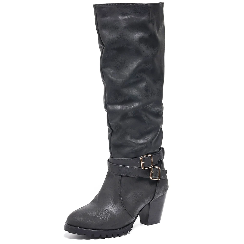 

Женские сапоги до колена на высоком каблуке, осенне-зимние сапоги на массивном высоком каблуке в стиле панк, обувь для вечеринок, черные, коричневые, женские