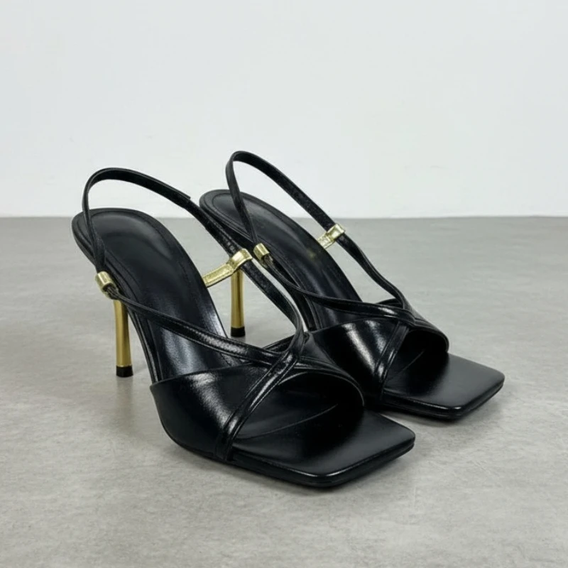 

Black Square Toe Stiletto Heel Sandals for Women Elegant Strappy High Heels with Ankle Strap Summer Party Evening Dress Shoes