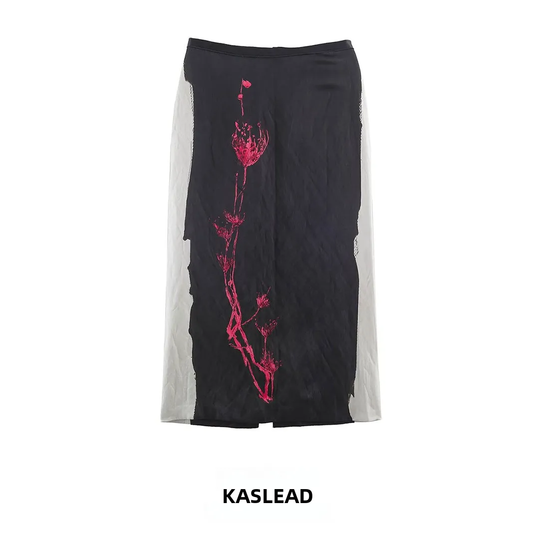 KASLEAD New Women's Fashion Design Printed Skirt Versatile Stylish Print Design mid Waist Polyester Composite Fiber