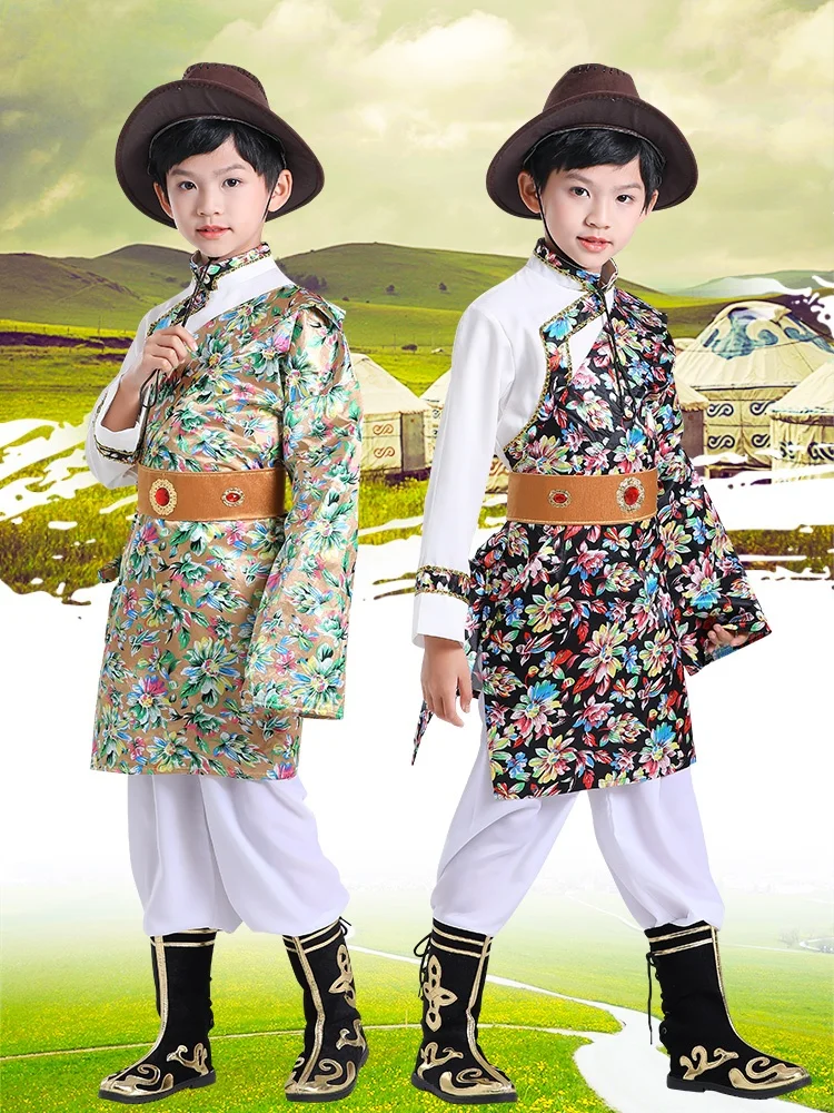 

Монгольский танцевальный костюм для выступлений, детская тибетская этническая одежда, костюм для танцевальных выступлений, монгольская роба для мальчиков