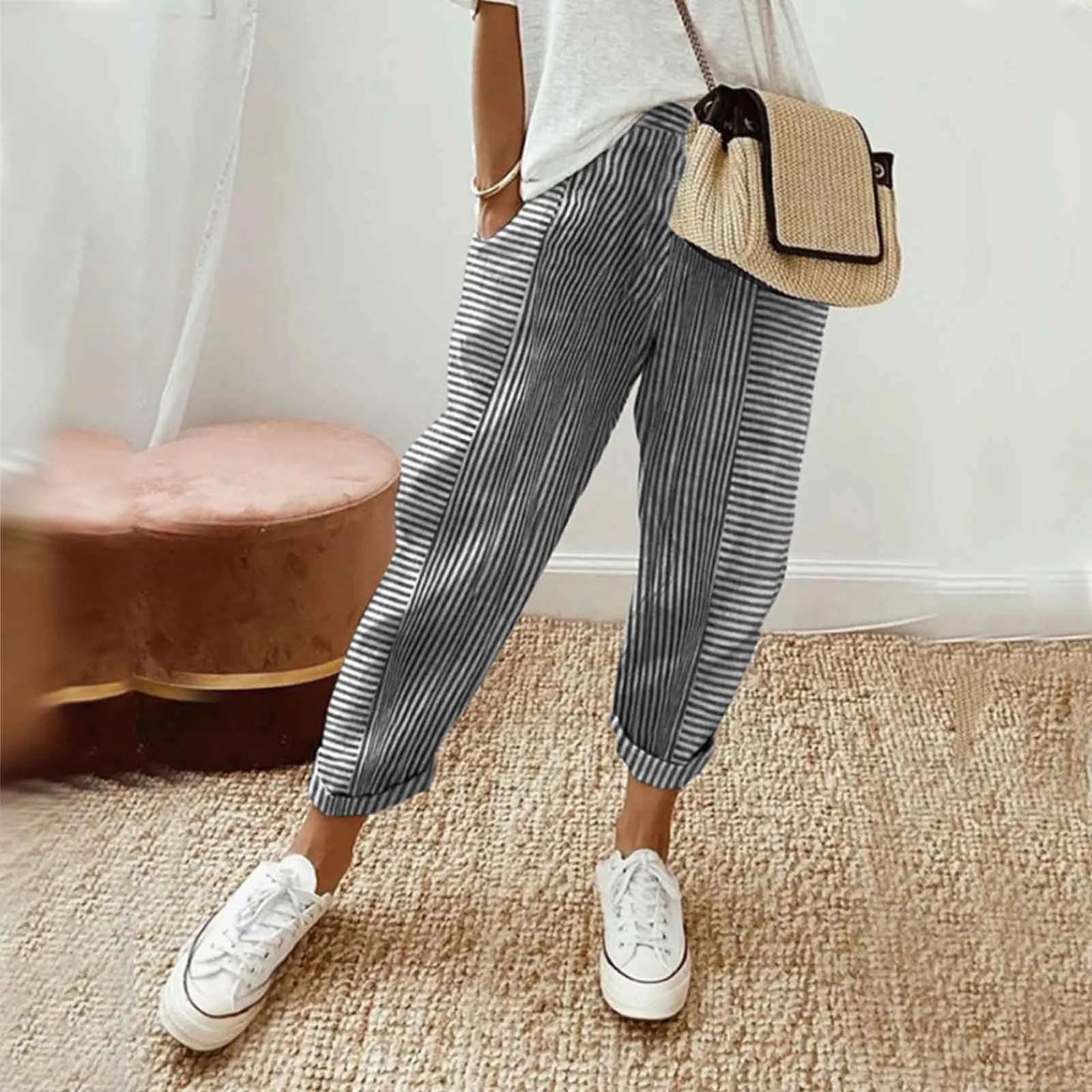 Summer Women\'s Pants 2024 Fashion Comfortable Casual New Female Jacquard Stripe Panel Design Loose Trousers Female