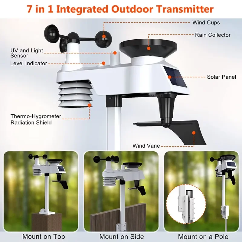 7 in 1 Weather Station WiFi Solar Powered Wireless with Wind Speed Rainfall Temp Humidity UV Index Smart Home