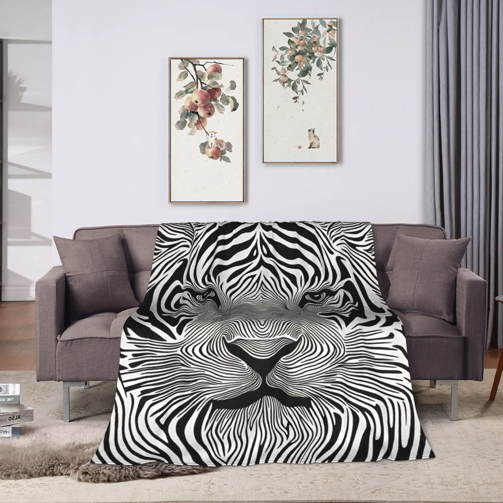Super Soft Blanket Travel Black White Line Art Tiger Face Optical Illusion Throw Blanket Funny  Bedspread For Bedroom