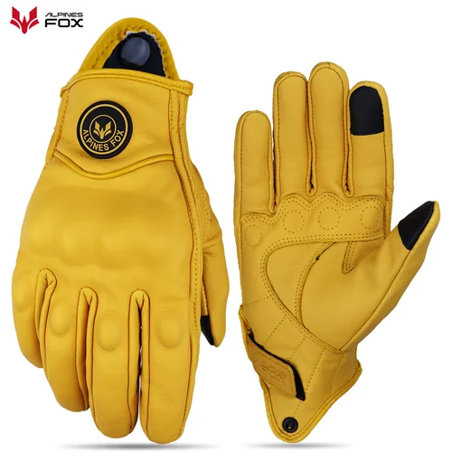 Vinatge Guantes de moto de piel de cabra de verano para hombre, Guantes de motociclista de cuero Retro amarillo, Guantes de moto para Motocross, M-XXL