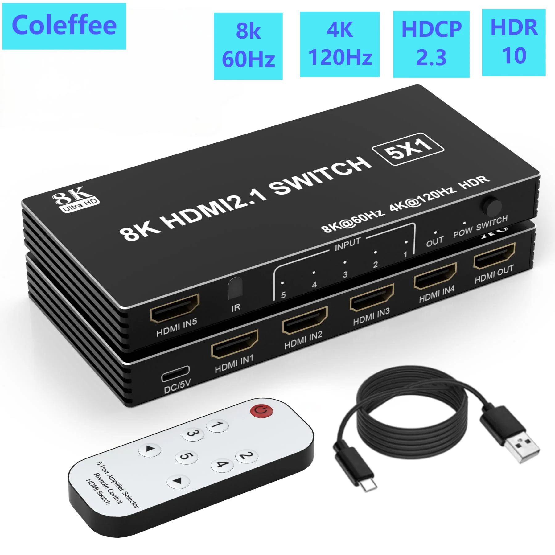 HDMI 2.1 Switch Splitter 120Hz 5-port HDMI 4K 120Hz Splitter Switcher CEC 48gbps HDR HDMI 2.1 Switch 8K with remote Dolby Vison