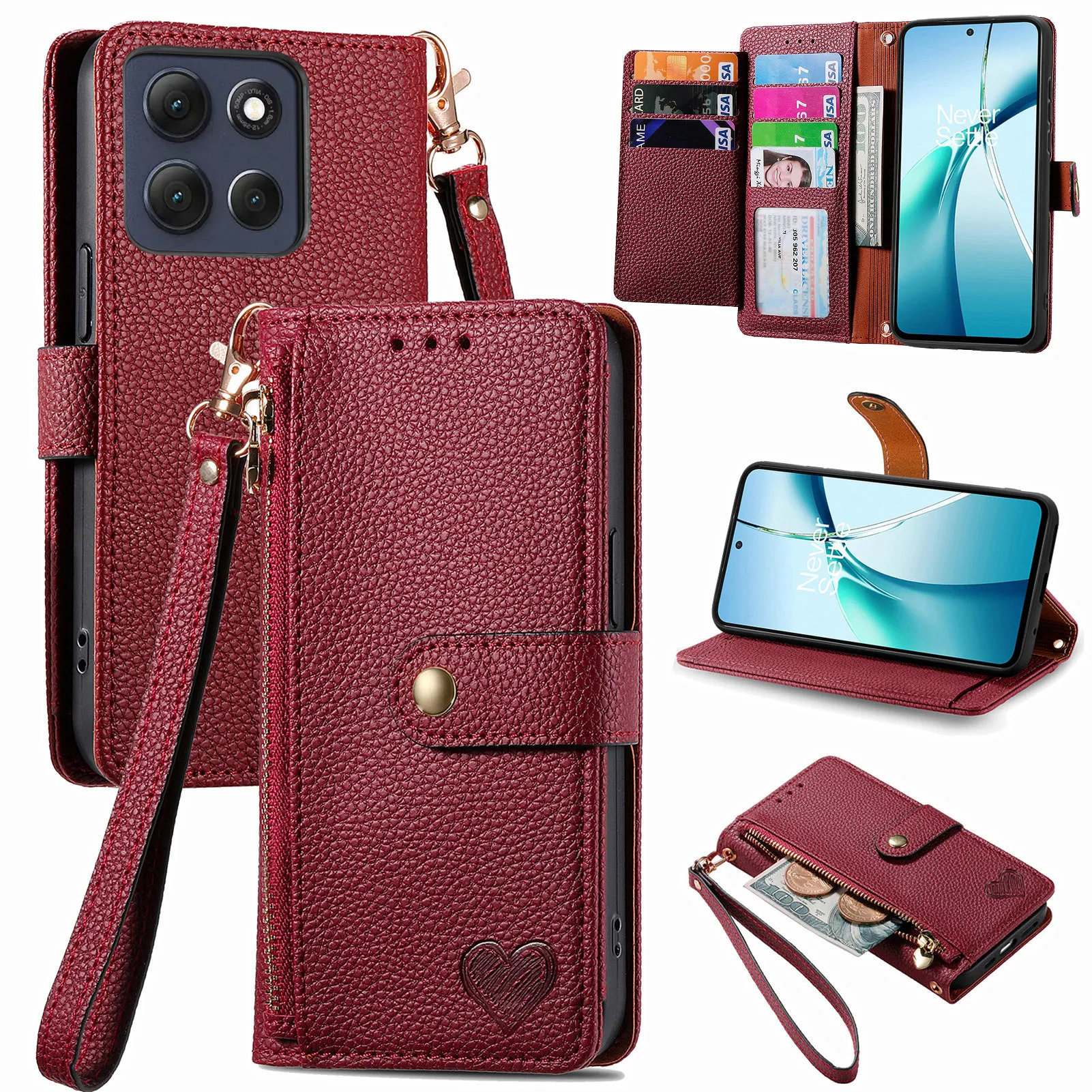 Für Motorola Signature Edge X70 Air 70 60 50 Fusion 60 50 Pro PU-Leder Reißverschluss RFID-Geldbörse Kartenfächer Handschlaufe Lederhülle