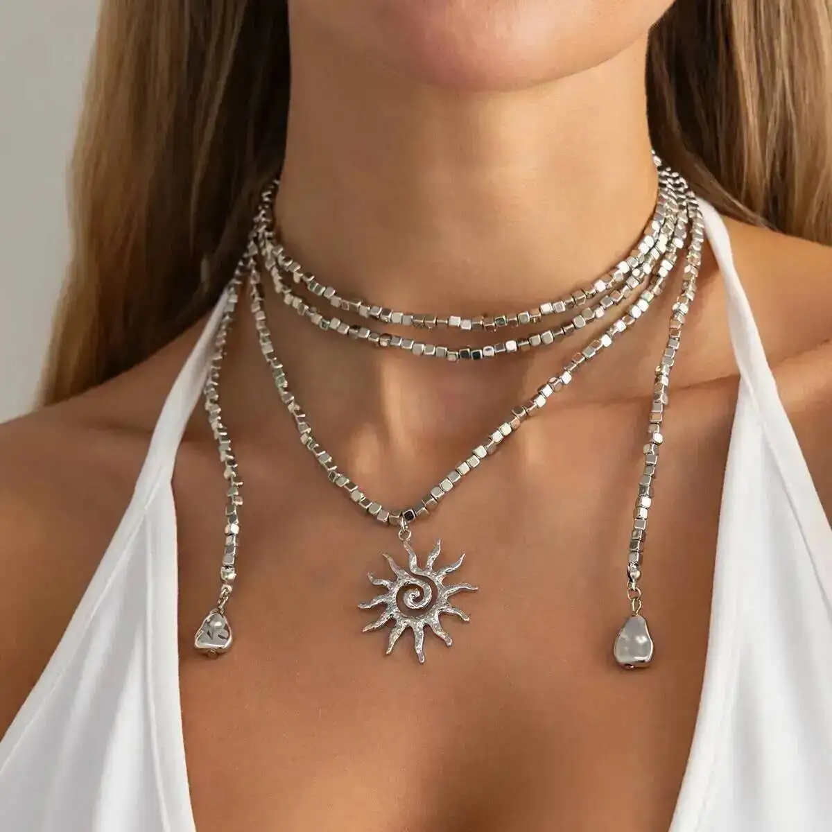 SHIXIN Bohemian Gold Color Multilayered Necklace Women Vintage Charm Sun Pendant Chain CCB Acrylic Beaded Neck Jewelry Accessory