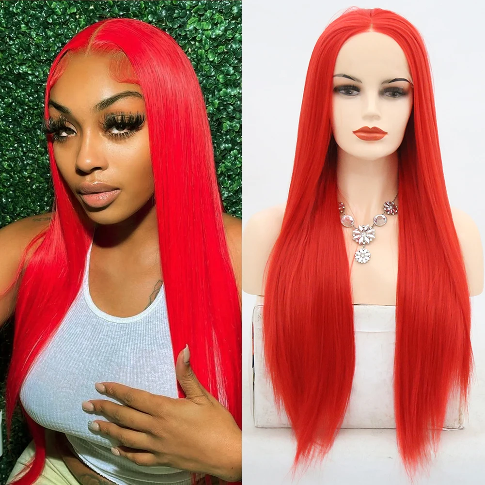 FANXITION Wig sintetis renda depan wanita, Wig lurus 26 inci renda untuk pesta Cosplay Wig sintetis tahan panas Wig merah