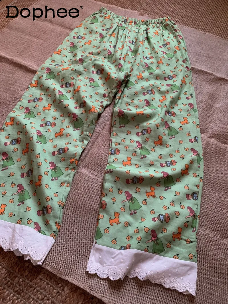 

Весенне-осенние новые домашние брюки в японском стиле с цветочной кружевной отделкой для девочек, милые, удобные, мягкие пижамные штаны