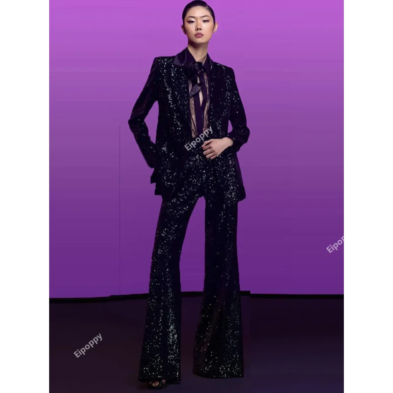 

Black Velvet Sequin Pantsuits Women 2024 New Designer Double Breasted Luxury Blazer Trousers Flared Pants Set Suits Outfits