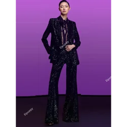 Pantaloni con paillettes in velluto nero donna 2024 nuovi pantaloni Blazer di lusso doppiopetto firmati pantaloni svasati Set abiti abiti