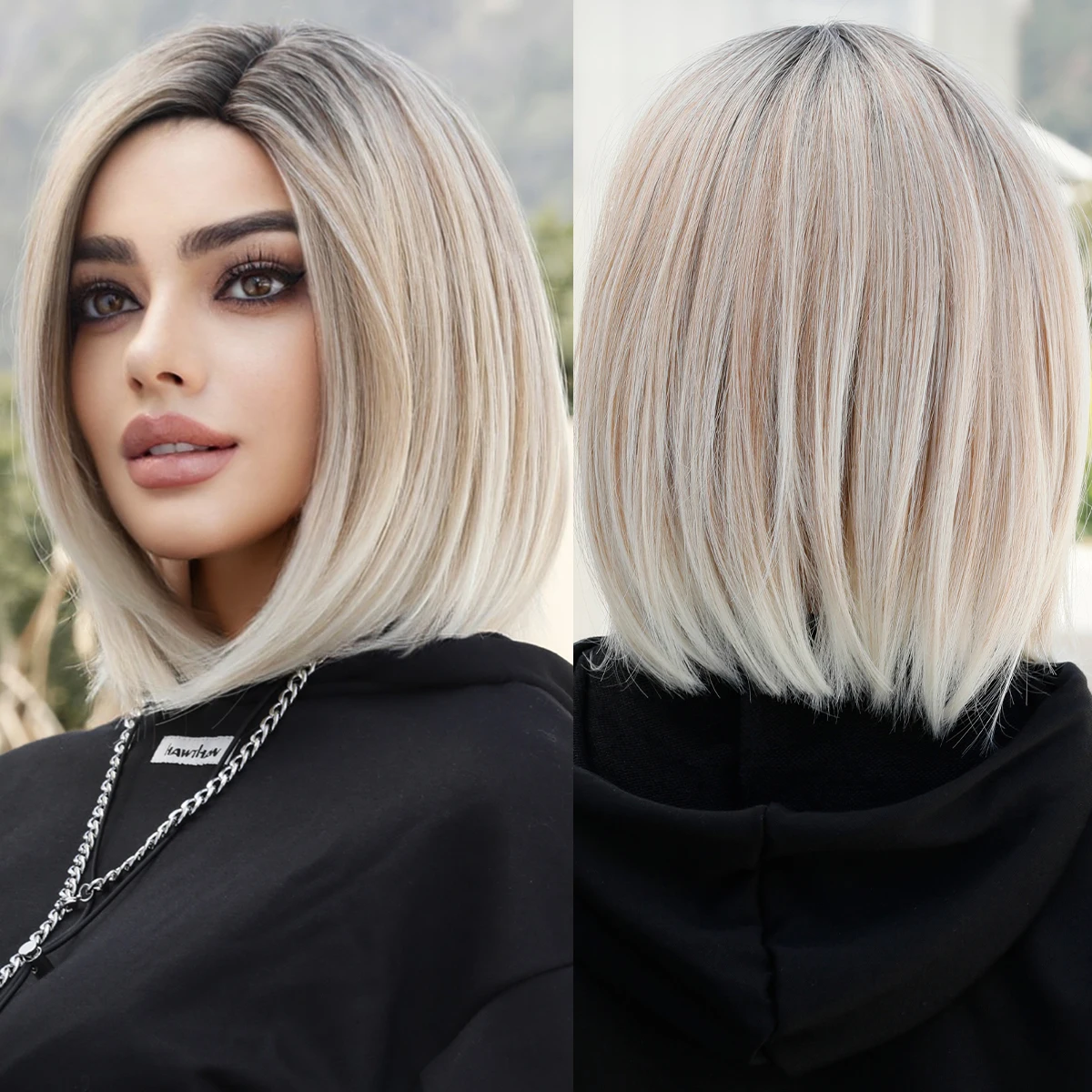 7JHH WIGS Ombre Blonde Bob Wig for Women Daily Cosplay Short Synthetic Middle Part Wigs Platinum Lolita Wig Heat Resistant