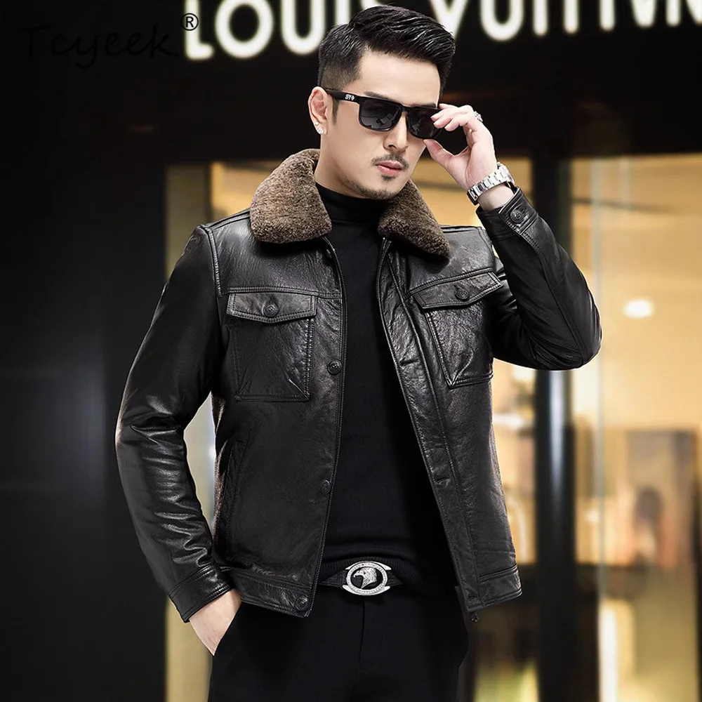 

Tcyeek Куртка из натуральной овчины, мужская куртка с норковым воротником, новые пальто, мужское пальто, зимне-осенняя одежда Jaqueta De Couro