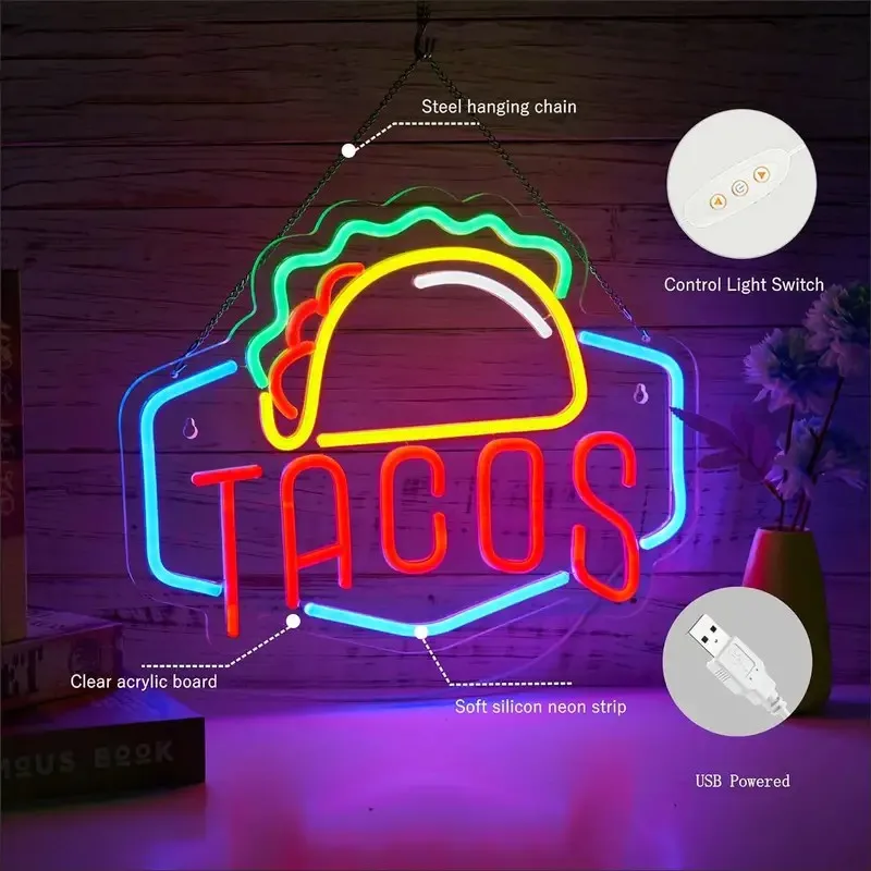 1 علامة نيون LED تاكو لتزيين الجدران - مطعم مكسيكي بيتزا متجر مطبخ حفلة بار ديكور متجر، مصدر طاقة USB 5 فولت