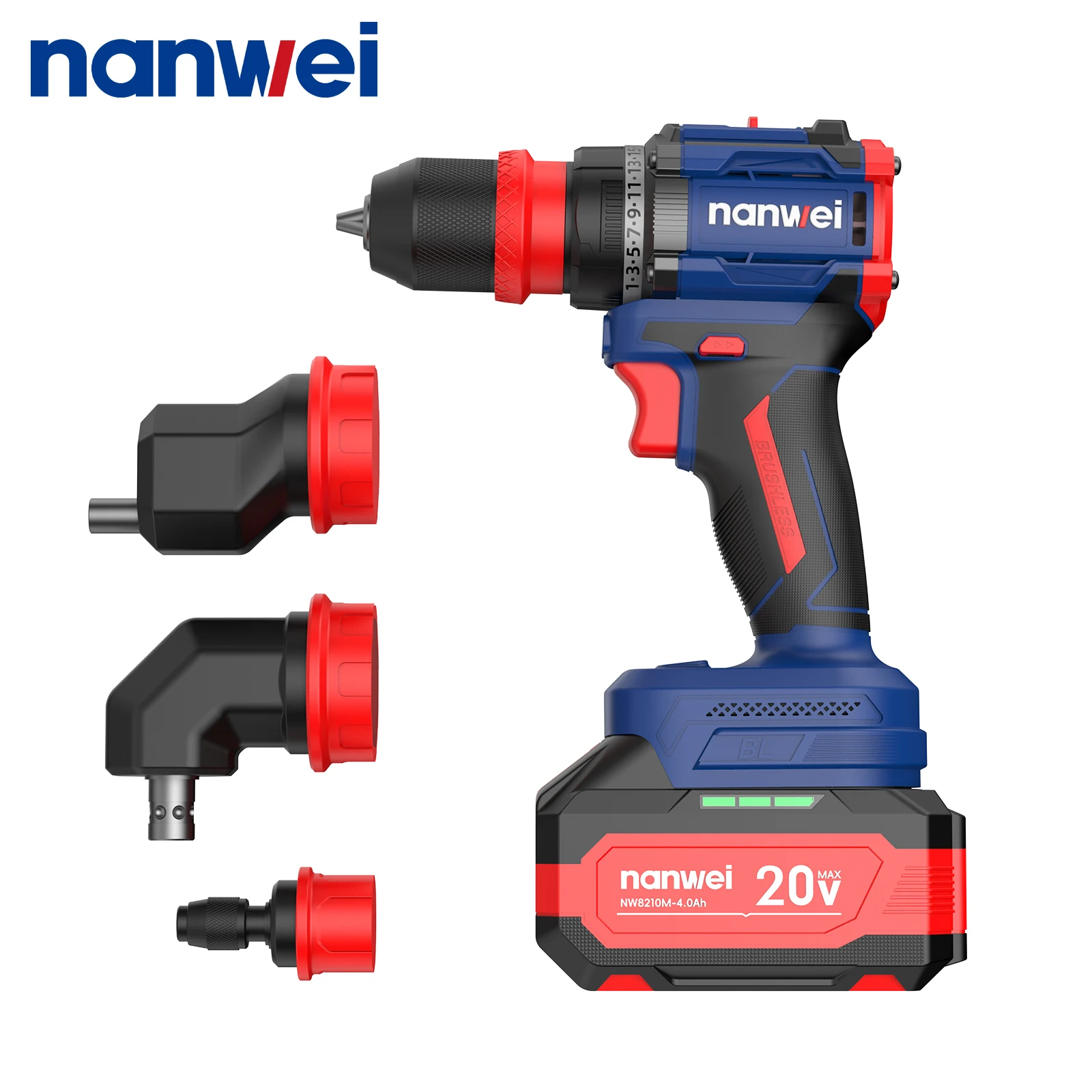 

Nanwei 20V Brushless Cordless 50N.M Impact Drill 4 in 1 Multi-head Cordless Drilling and Screwing DIY Home Woodworking Tools