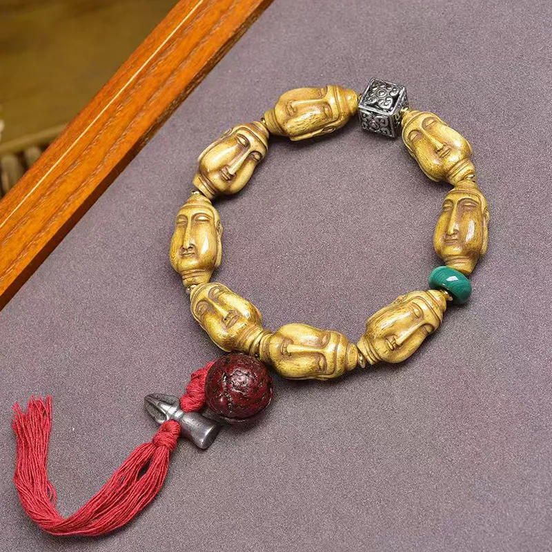 Tibetan-style vintage bone-carved Buddha bracelet, single-loop turquoise and white crystal with 999 silver accessories, Buddhist