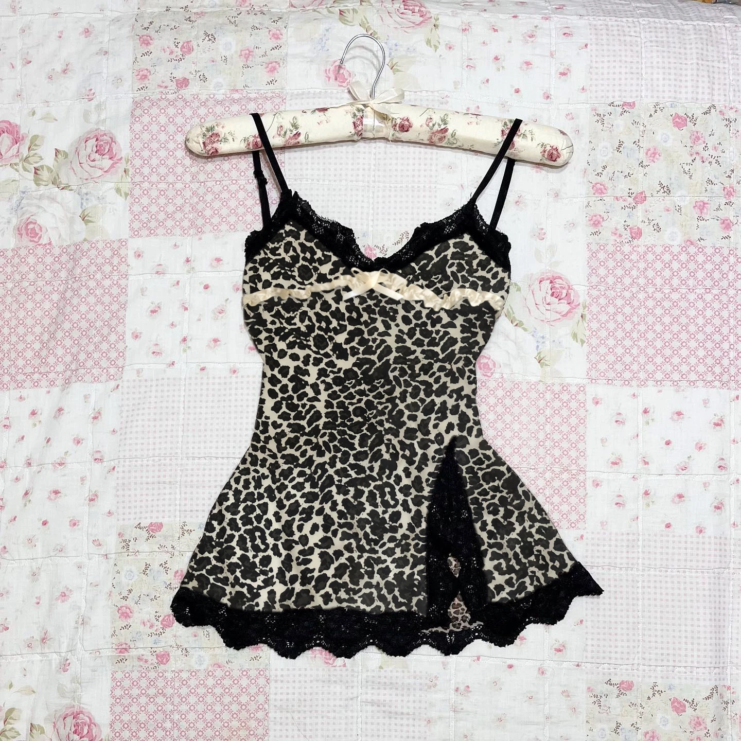 Women's Leopard Print Lace Bow Slim Sexy Split Dress Aesthetic Retro Goth Streetwear High Street Casual Halter Tops Hot Girl Y2K