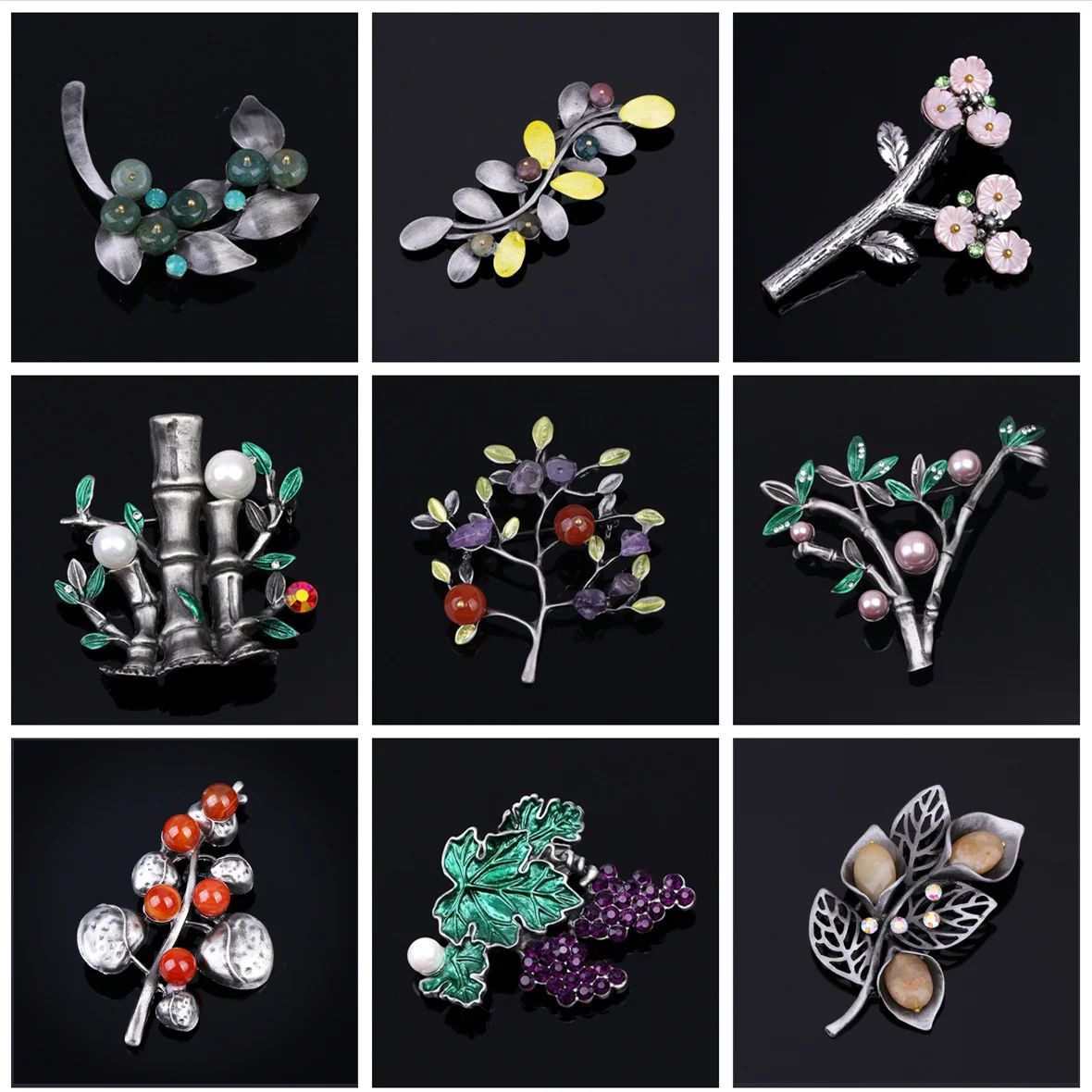 Vintage Women Brooch Trendy Enamel Natural Stone Lapel Pins Cute Plant Accessories For Office Party Meeting Luxury Jewelry