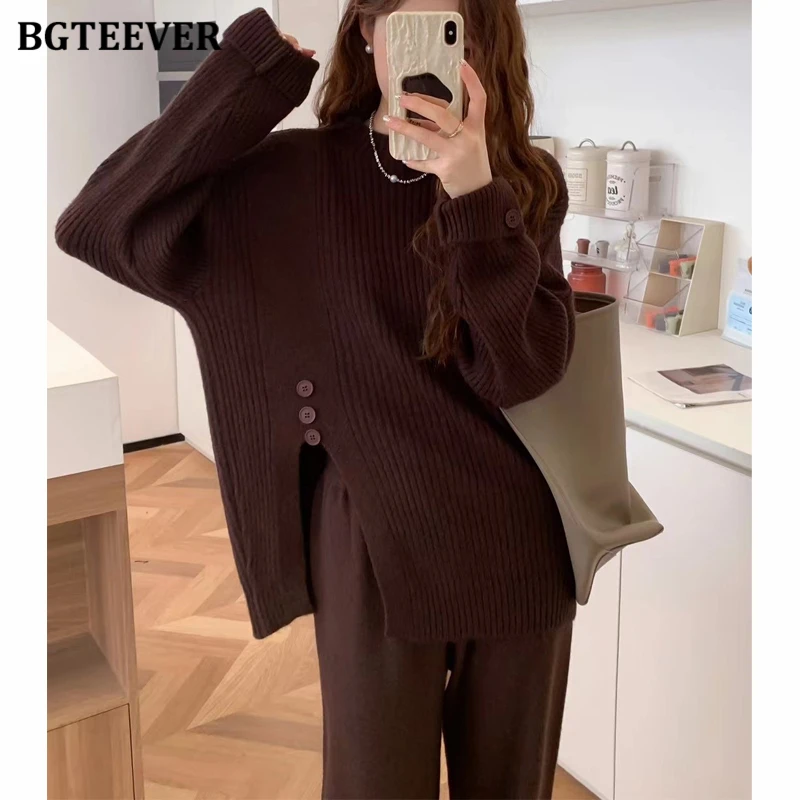 BGTEEVER Autumn Winter Warm Loose Female Knitted Outfits O-neck Side Split Sweaters Jumpers & High Waist Wide Leg Trousers