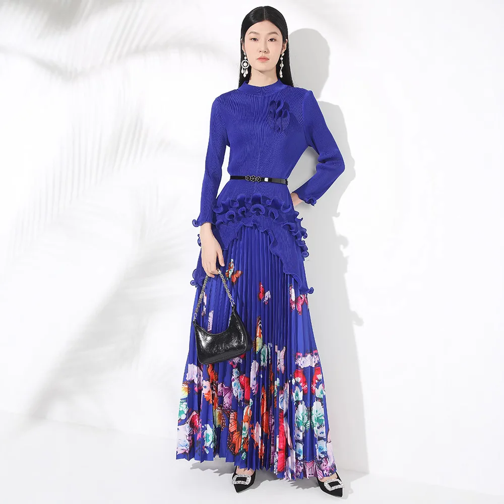 Set Atasan Pullover Tidak Beraturan Leher Bulat Kualitas Tinggi Keriput Rok Setengah Panjang Lantai Gambar Cetak Kupu-kupu Wanita Set Dua Potong Musim Panas