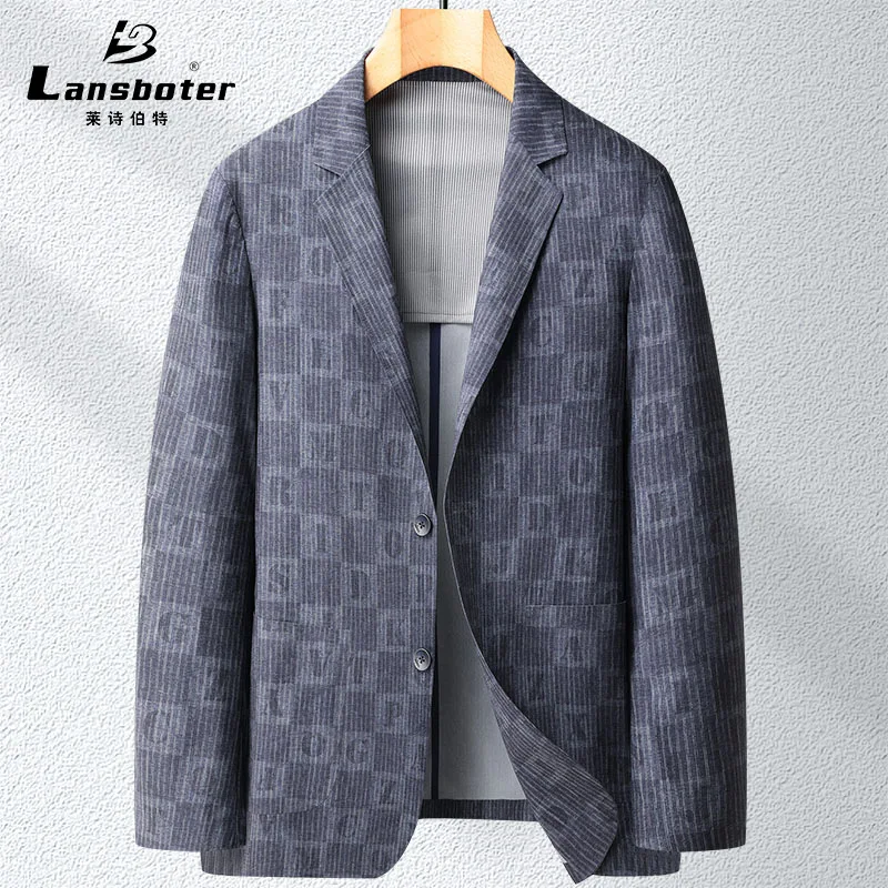 

Lansboter Grey Non-marking Embossed Printing Men's Suit Jacket Spring Summer New Trend Coat Sunscreen Small Easy-ironing Elastic