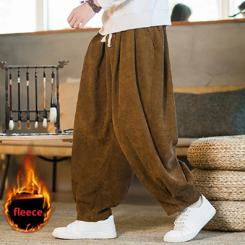 

Осень и зима, новые мужские модные брюки в китайском стиле, вельветовые и плюшевые утолщенные свободные брюки-фонарики, повседневные брюки