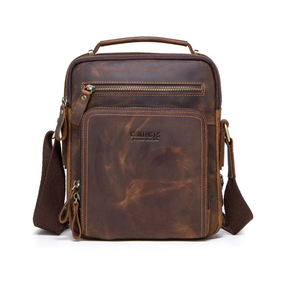 

CONTACT'S Crazy Horse Leather Men's Shoulder Bag Vintage Messenger Bags Men Bolsos Male Crossbody Bags Man's Handbag Sling Bag